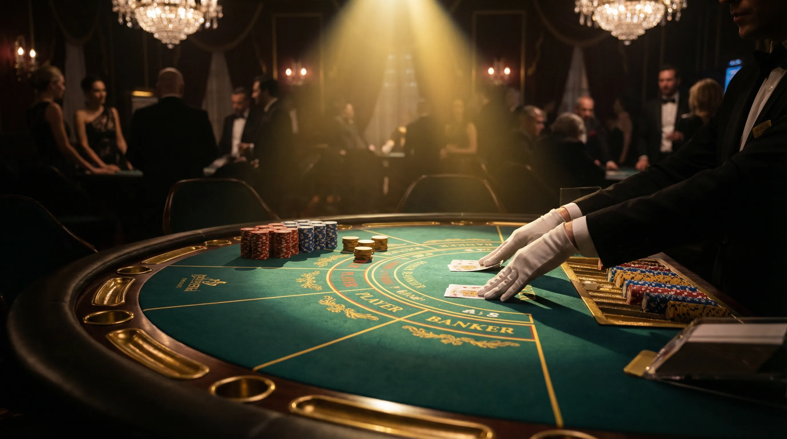 Mesa de bacará sofisticada com crupiê distribuindo cartas